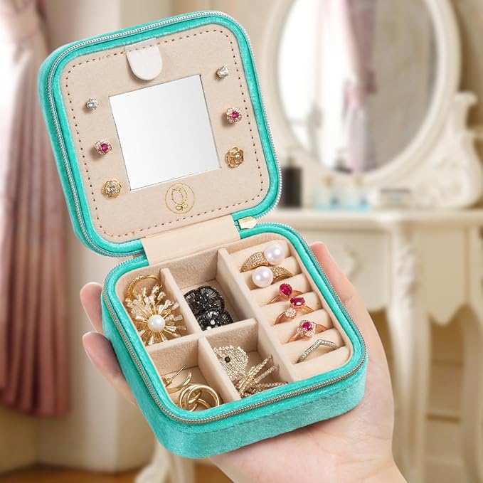 Plush Velvet Jewelry Travel Case,Small Jewelry Box,Traveling Jewelry Organizer, Portable Jewellery Storage Holder for Rings Earrings Necklace Bracelet, for Girls Women | CyanBlue-With Mirror - Image 3