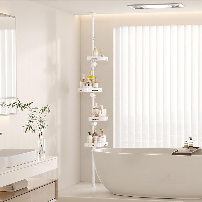 shuang qing 4-Tier Corner Shower Caddy Tension Pole Organizer - Adjustable Rustproof Metal Tension Pole, Plastic Shelves with Safety Guardrail, Bathroom Storage for Shower & Bathtub(White) - Image 8