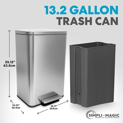SIMPLI-MAGIC 50 Liter / 13.2 Gallon Soft-Close, Smudge Resistant Trash Can with Foot Pedal and Built in Filter- Stainless Steel, Sleek Finish - Image 3