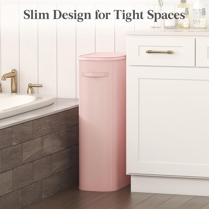 Lifewit Slim Laundry Basket with Lid, Narrow Large Laundry Hamper with Plastic Handles and Removable Bag, Tall Foldable Dirty Clothes Hampers for Laundry Room, Bedroom, Bathroom, Dorm, 75L Pink - Image 2