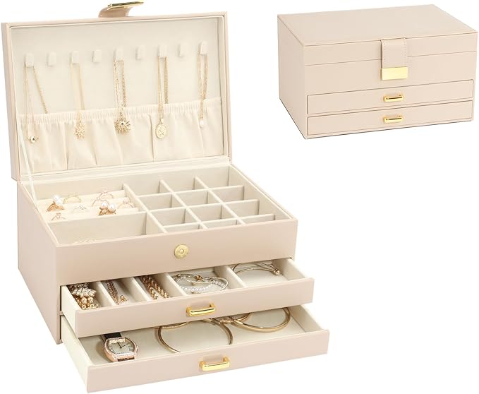 3-Layer Jewelry Box with 2 Drawers, Large Capacity Jewelry Holder Box for Women Girls, Best Gifts for Christmas Valentine's Day New Year.(Apricot) by HOME