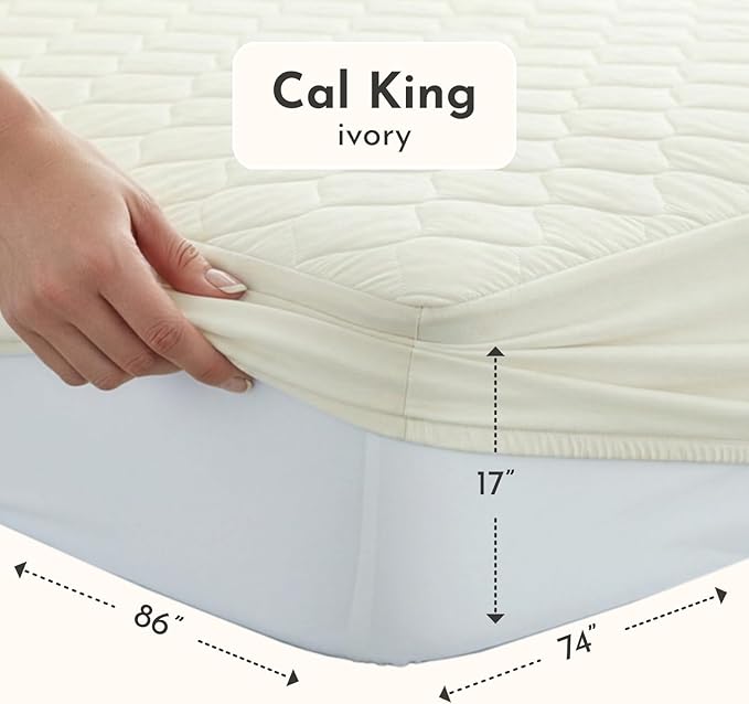 100% Cotton Organic Mattress Protector | Breathable & Noiseless GOTS Organic Mattress Pad with Premium 300GSM Durability | Machine Washable Quilted Bed Protector with Deep Pocket (Ivory, Cal King)