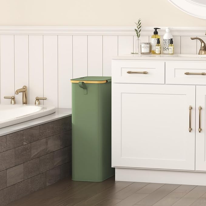 Lifewit 75L Slim Laundry Hamper with Lid, Narrow Laundry Basket with Removable Bag & Bamboo Handles, Fodable Thin Dirty Clothes Hamper for Laundry Collapsible Bin for Bathroom Bedroom Dorm, Green - Image 2