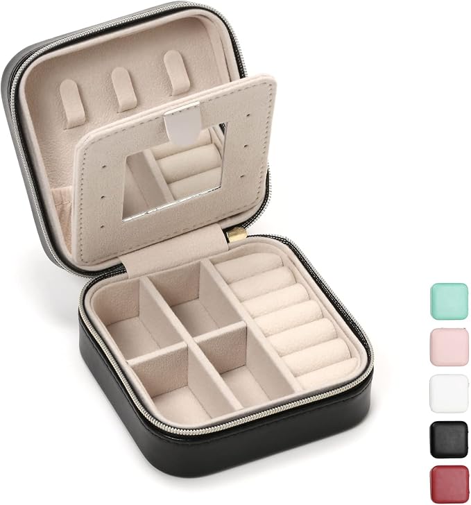 TRODANCE Jewelry Travel Case with Mirror,Small Travel Jewelry Organizer, Portable Jewelry Box Travel Mini Storage Organizer Portable Display Storage Box for Rings Earrings Necklaces (Black) by TRODANCE