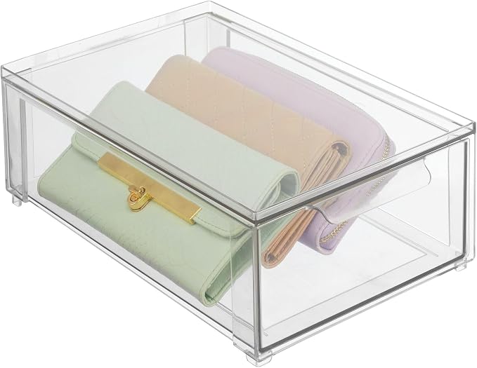 mDesign Plastic Closet Organizer Bin w/Pull Out Drawer - Shallow Stackable Storage for Closet - Organization for Shoes, Clothes, Bags, Totes, and Small Linens - Lumiere Collection - Clear - Image 6