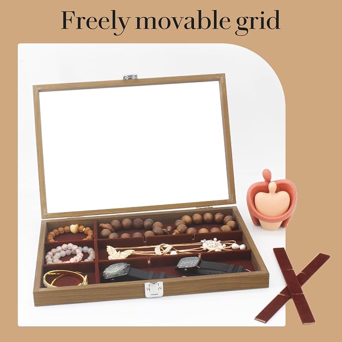 KOOAAICCHI Jewelry Organizer Tray 12 Grid Velvet Jewelry Storage Box with Clear Lid Jewelry Display Case with Lock Bracelet Earring Ring Organizer Showcase Gifts for Girls Women-12 Grid Wooden Brown - Image 4