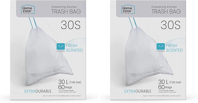 Home Zone Living 8 Gallon Kitchen Trash Bags with Drawstring Handles, Heavy Duty Custom Fit Design for Standard 30 Liter Kitchen Trash Cans, Code 30S, 60 Count (Pack of 2) by HomeZoneLiving