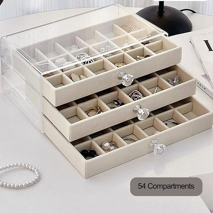 SPAKOWN Earring Box Holder Organizer Display Case, Clear Velvet Jewelry Storage Tray Organizer for Earring Ring Stud (Beige - 3 Drawers) - Image 5