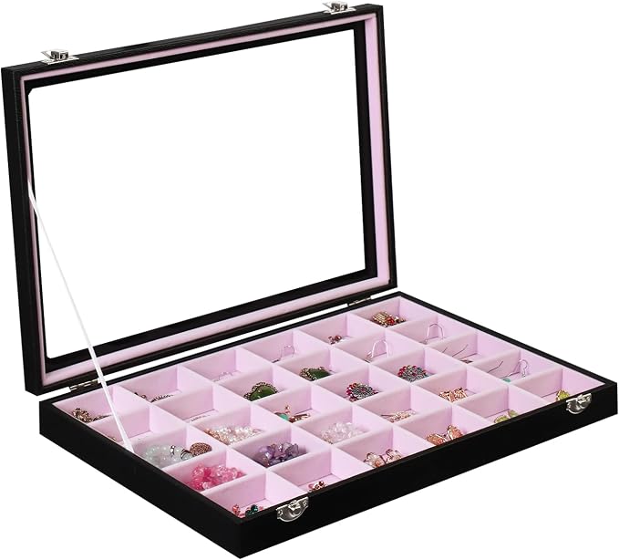 Stratalife Jewelry Organizer Earring Holder Jewelry Tray with Lid Earring Storage Drawer Organizer Earring Ring Storage for Women 30 Grid (Pink Black) by Stratalife