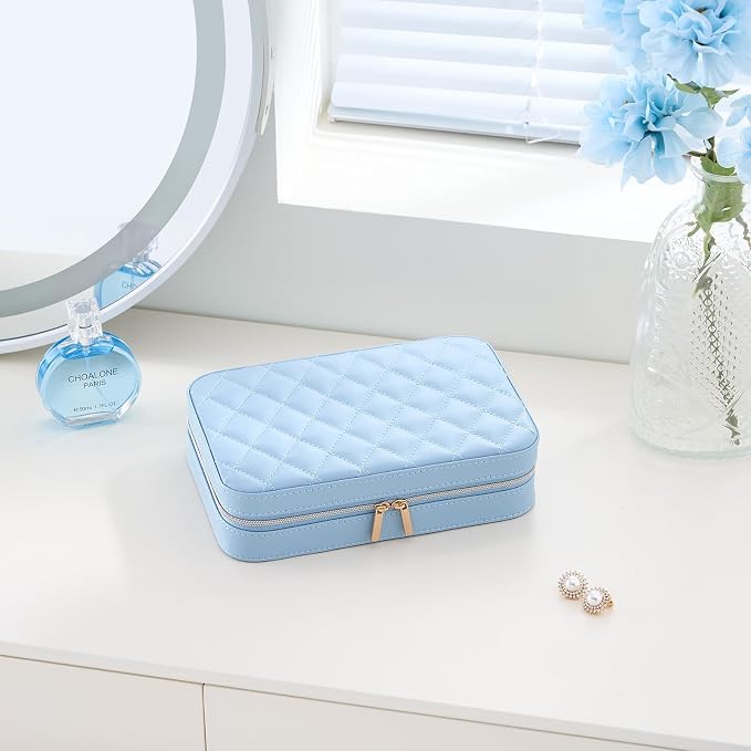 Lolalet Travel Jewelry Case for Women Girls, Travel Jewelry Organizer Box with Mirror & Clear Storage Bag, Small Portable Earring Necklace Bracelet Ring Case, Birthday Valentine Gifts -Medium, Blue - Image 6