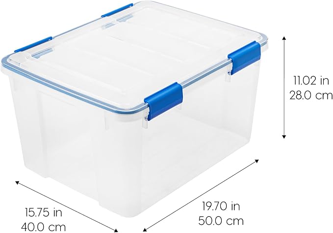 IRIS USA WeatherPro 44 Qt Storage Bins with Lids, 2 Pack, BPA-Free Plastic Gasket Box with Tight Latch and Seal, Stackable Nestable Tote Tub - Clear/Blue - Image 2