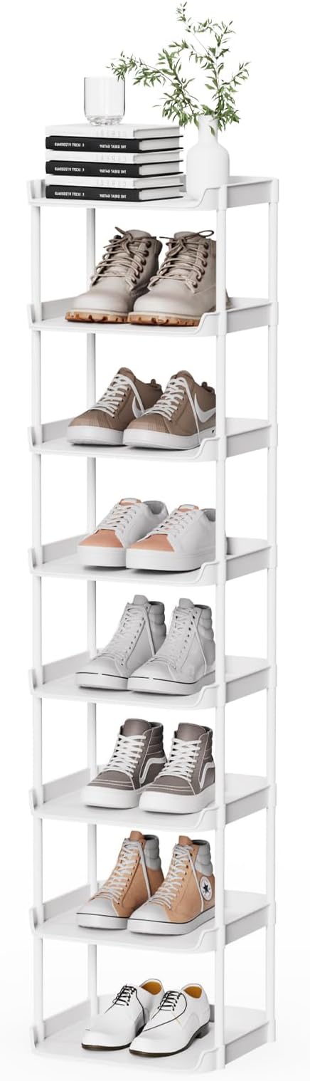 Narrow Shoe Storage Rack, Compact Single Shoerack Stand for Slim Space, Stackable Tall Thin Show Tower, Solid Plastic Shelves, for Hallways, Kitchens, Bedrooms Tidy Organizer (White, 8 Tier) by Unknown