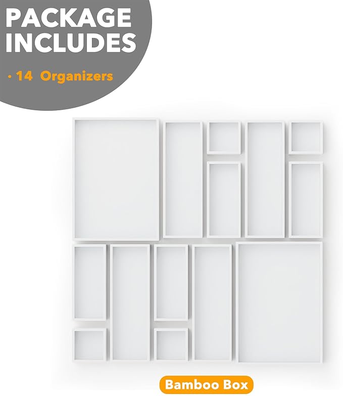 SpaceAid 14-Piece Bamboo Drawer Organizer Storage Boxes Set, Wood Tray Junk Drawer Organizers Multi-Use Divider Bins for Kitchen, Bathroom, Office Desk and Makeup Organization (14 Pack, White) - Image 6