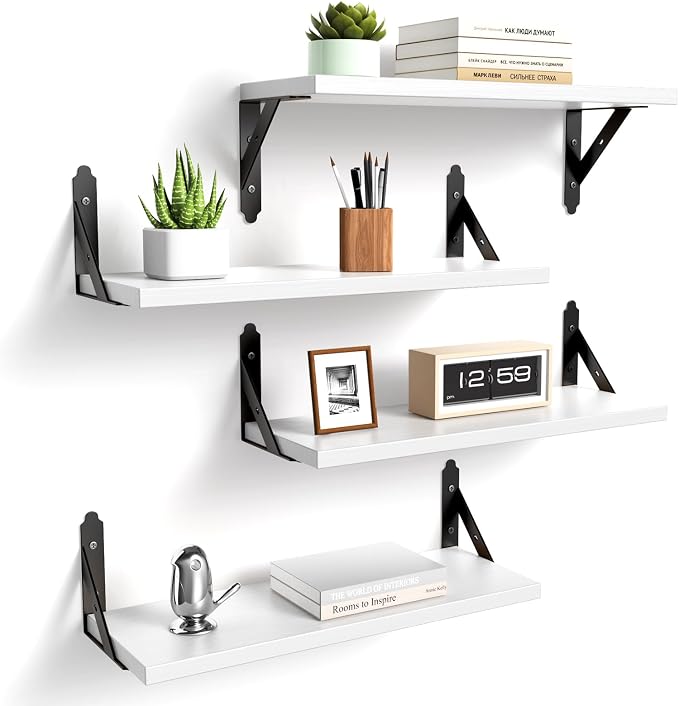 ROMGUAR CRAFT Wood Floating Shelves Set of 4, Rustic Storage Decor Wall Shelves, Wall Mounted Shelf for Living Room, Bedroom 17" x 6", White by ROMGUAR+CRAFT