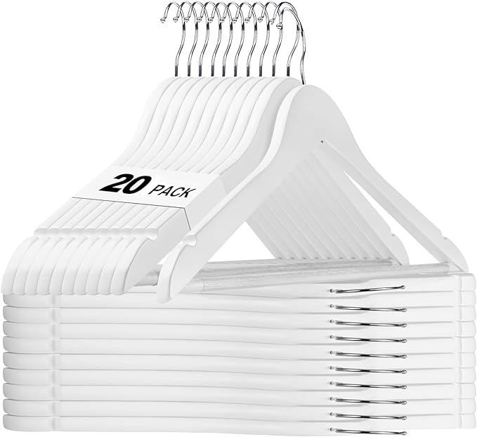 HOUSE DAY White Wooden Hangers 20 Pack, Solid Wood Hanger with Non Slip Pant Bar, Heavy Duty Wooden Coat Hanger for Closet, Smooth Finish Wood Clothes Hangers for Shirts, Suits Jackets, Dress by HOUSEDAY