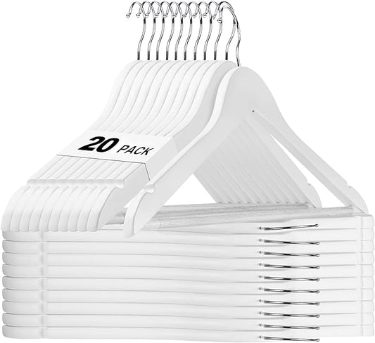 HOUSE DAY White Wooden Hangers 20 Pack, Solid Wood Hanger with Non Slip Pant Bar, Heavy Duty Wooden Coat Hanger for Closet, Smooth Finish Wood Clothes Hangers for Shirts, Suits Jackets, Dress by HOUSEDAY