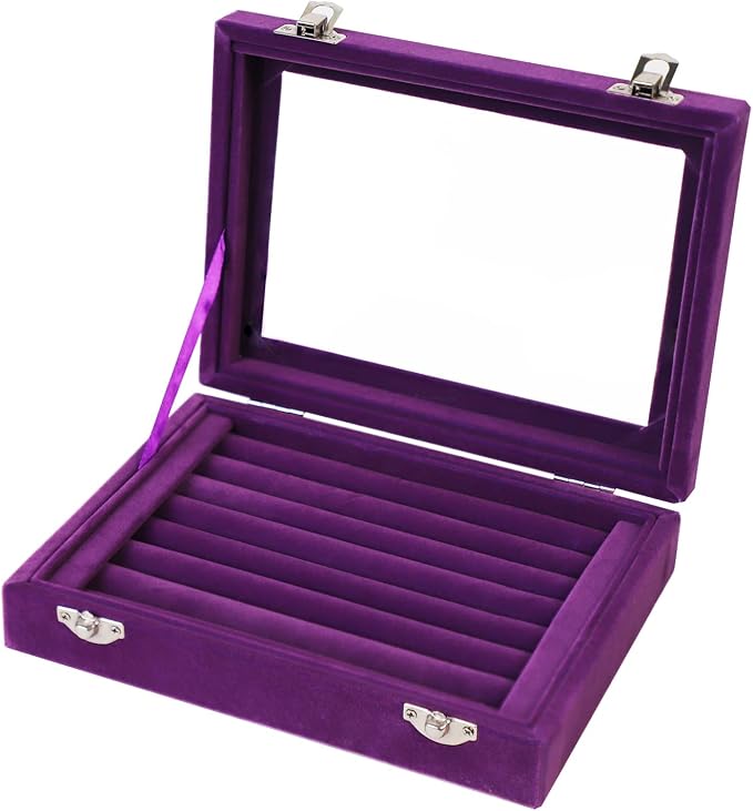 Jewelry Box Rings Organizer Tray 7 Slots Velvet Jewelry Earring Storage Box With Transparent Lid Jewelry Display Case for Girls Women (Purple) - Image 7
