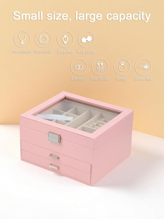 BOOVO Clear Lid Jewelry Box,3 Layers Jewelry Organizer Large Multi-Functional Jewelry Storage Box with 2 Drawers,Jewelry Display Case of Rings Earrings Necklace Bracelets for Women Girls (Pink) - Image 6