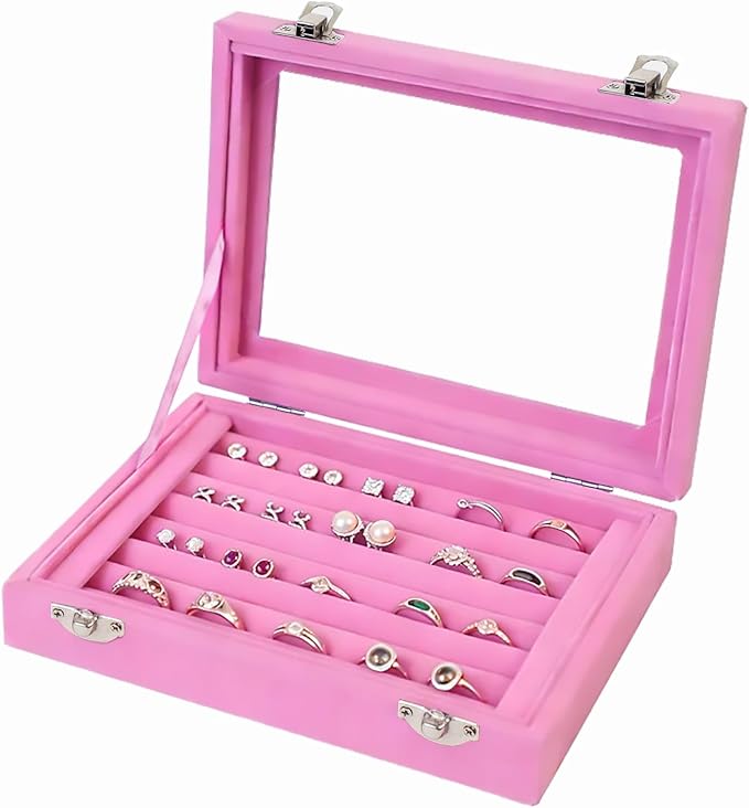 Jewelry Box Rings Organizer Tray 7 Slots Velvet Earring Storage Box With Transparent Lid Jewelry Display Case for Women (Light Pink) by EONGOA