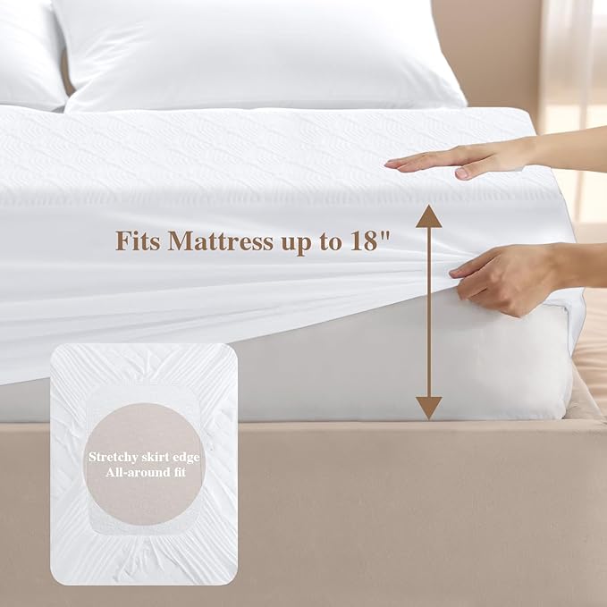 King Mattress Protector, Waterproof Mattress Pad Washable Rayon Mattress Cover Breathable Noiseless Bed Protector 3D Patterns 5" - 21'' Elastic Fitted Deep Pocket(White)