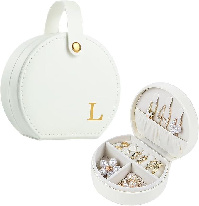 Travel Jewelry Case, Elegant Half-Moon Design with Golden Accents, Detachable Handle, White Personalized Accessory Organizer, Fashion-Forward Gift for Women and Teens(L) by Yoqanr