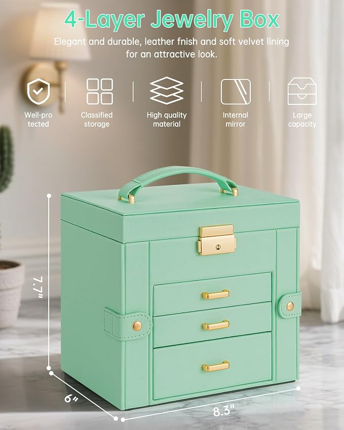 AKOZLIN 4-Tier Jewelry Box Leather Jewelry Storage Organizer with 3 Drawers Lockable for Women Girls Ring Necklace Earring Bracelet Holder with Mirror - Image 7