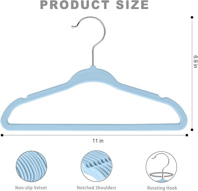 BAGAIL 50 Pack Kids Velvet Hangers 11 Inches Children's Clothes Hangers Non-Slip Baby Hangers for Infant/Toddler (Babyblue) - Image 2