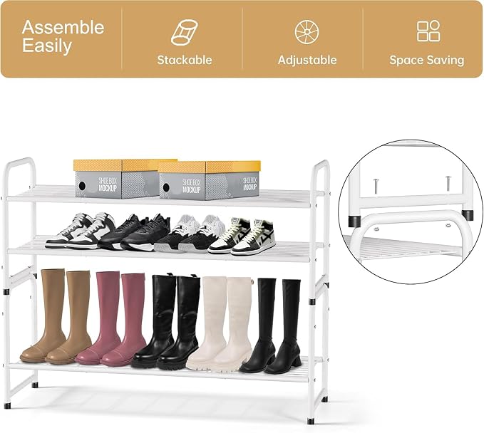 KEETDY 2-Tier Long Shoe Rack for Closet Metal Shoe Organizer for Entryway, Wide Stackable Shoe Storage Shelf with Sturdy Wire Grid for Closet Floor, Bedroom, White - Image 5