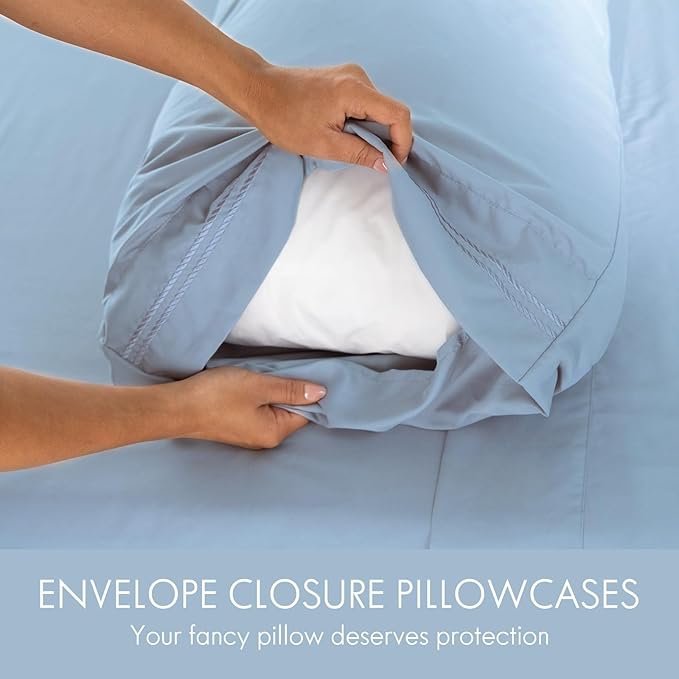 ClevaHome Full Size Sheet Set - 6 Piece Soft Breathable Luxury Bed Sheet Set - Shrinkage & Fade Resistant Embroidered Bedding Sheet with Deep Pocket, 2 Extra Pillowcases (Full, Chambray Blue)