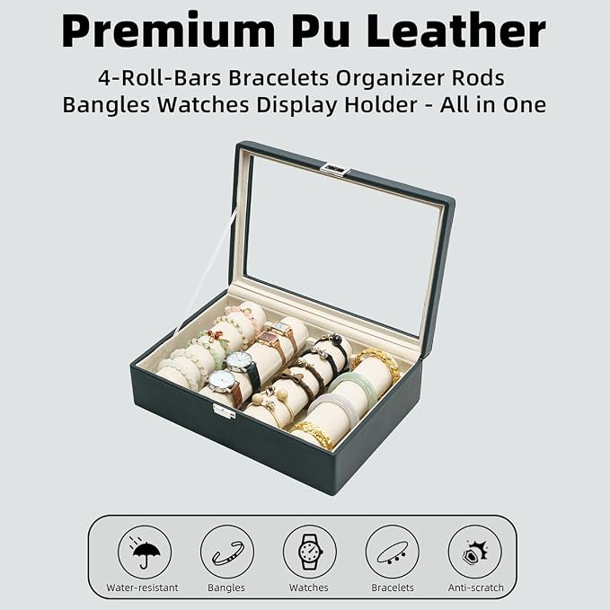 Bracelets Organizer Rods Bangles Display Holder, Clear See through Lid Leather Velvet Jewelry Storage Box Case for Women, 4 Rods Black Leather - Image 7