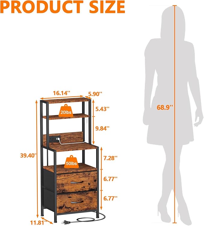 Furnulem Nightstands Set of 2, Tall Night Stand Set with Charger Station, 2 Fabric Drawers and Light Tube, Bedside End Table with 4-Tier Shelves, Bed Side Tables for Bedroom, Office, Rustic Brown