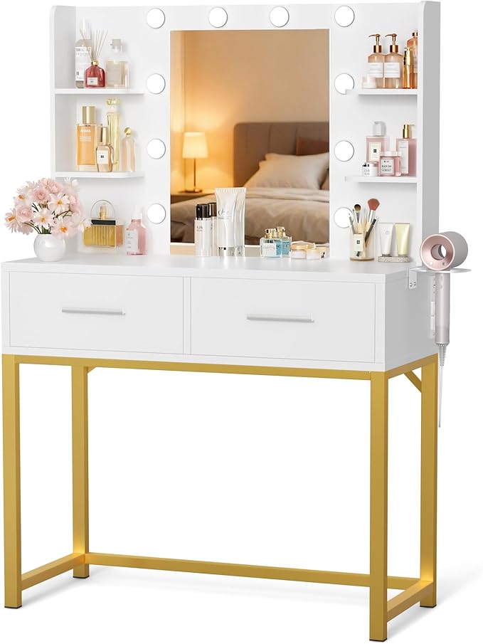 YESHOMY Vanity Desk with Mirror, Makeup Table with 2 Large Drawers, Power Outlet and Round Holder, 3 Color Modes Adjustable Bulb, Pure White & Golden