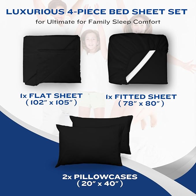 DREAMCARE California King Sheet Sets – 4 pcs Cooling Sheets – up to 21” Deep Cal King Sheets – Hotel Luxury Pillowcases – Superior Softness 100% Fine Microfiber with Side Pocket – Black