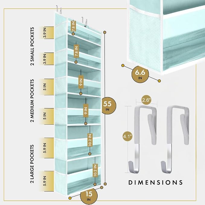 HOMELUX THEORY UPGRADED 6 Tiers Over The Door Organizer Hanging - 100D EXTRA THICK & 50lbs HUGE CAPACITY, 12 Side Mesh Pockets Over The Door Shoe Organizer, Hanging Closet Organizer (Baby Blue, 2pc) - Image 2