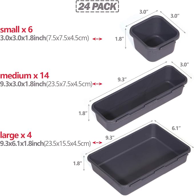Set of 24 Interlocking Desk Drawer Organizer Tray Dividers Plastic Shallow Narrow Drawers Organizers Separators Storage Bins Container for Kitchen Bathroom Makeup Office Vanity Bedroom Dresser - Image 3