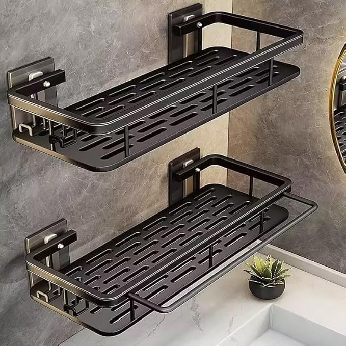 EVALAND Shower Caddy Adhesive 2-Pack with Hooks and Rod for Towels, Black – Premium Bathroom Shower Shelves, Shampoo Organizer, Bathtub Shelf, Rustproof, Easy Installation, Sturdy Modern Look by EVALAND