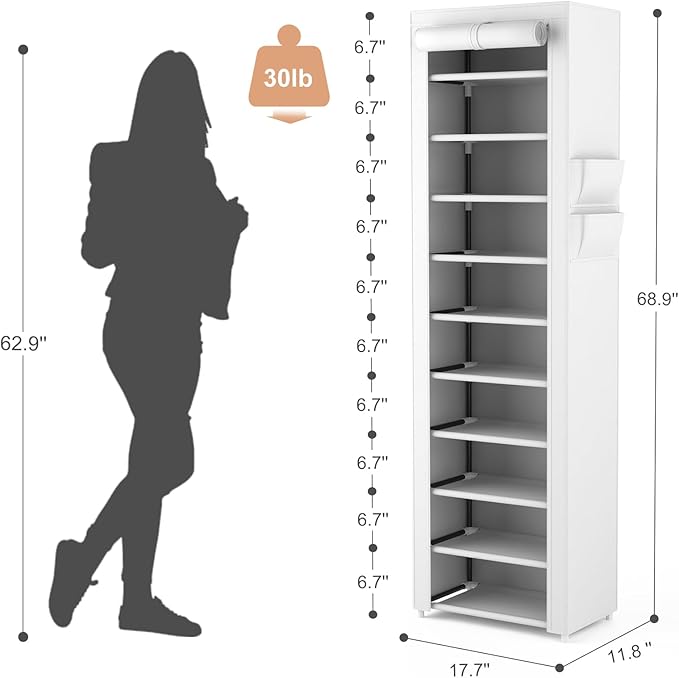 VTRIN Vertical Narrow Shoe Rack Organizer Tall Shoe Rack for Closet Entryway 10 Tier Non-Woven Cover Shoe Shelf Holds 20-22 Pairs Free Standing Shoe Storage Cabinet with Dustproof Cover, White - Image 3
