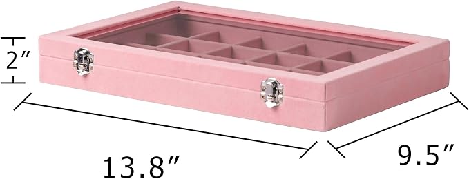Frebeauty Jewelry Organizer Tray with Clear Lid 24 Grid Velvet Drawer Insert Jewelry Storage box with Transparent Glass lid Jewelry Display Case with Lock Gifts for Girls Women (Pink, 24 Grid) - Image 2