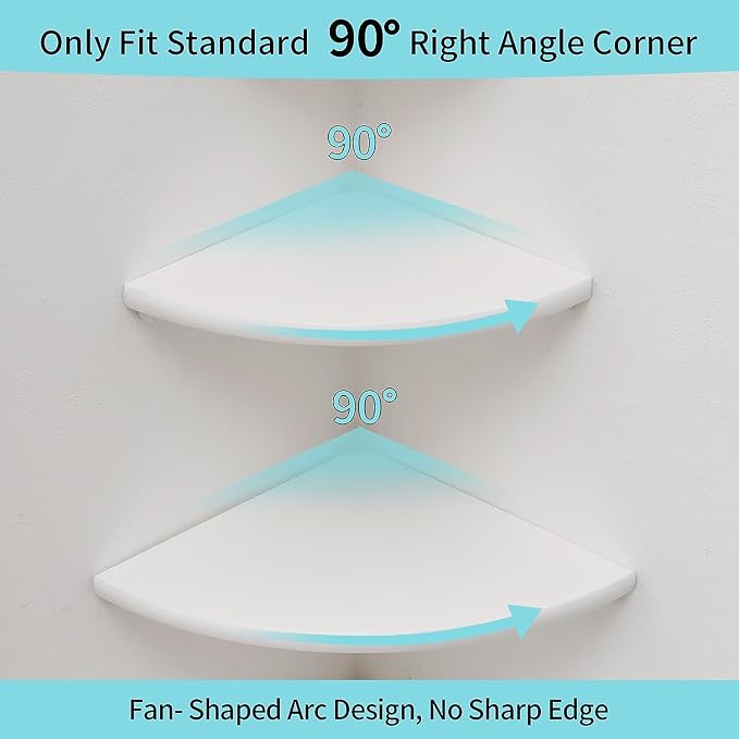Corner Wall Shelves, White Floating Corner Shelf, Set of 2 16inch Solid Oak Wood Shelves, Round End Wall Mount Display Shelf with Wire Hole for Small Plant for Bedroom Kitchen, Living Room - Image 4