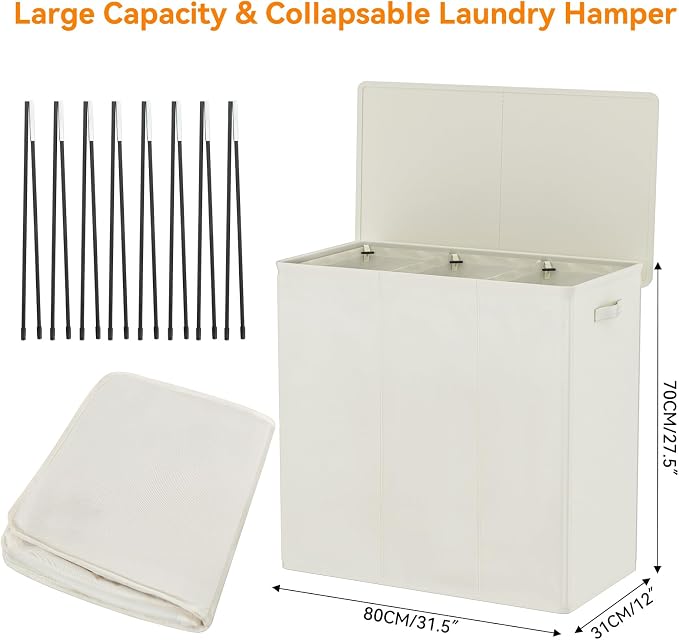 WOWLIVE 180L Laundry Hamper with Lid 3 Section,Large Laundry Basket with Removable Bags and Handles,Collapsible Dirty Clothes Hampers for Laundry,Laundry Basket Organizer for Laundry Room,Dorm,Beige - Image 5