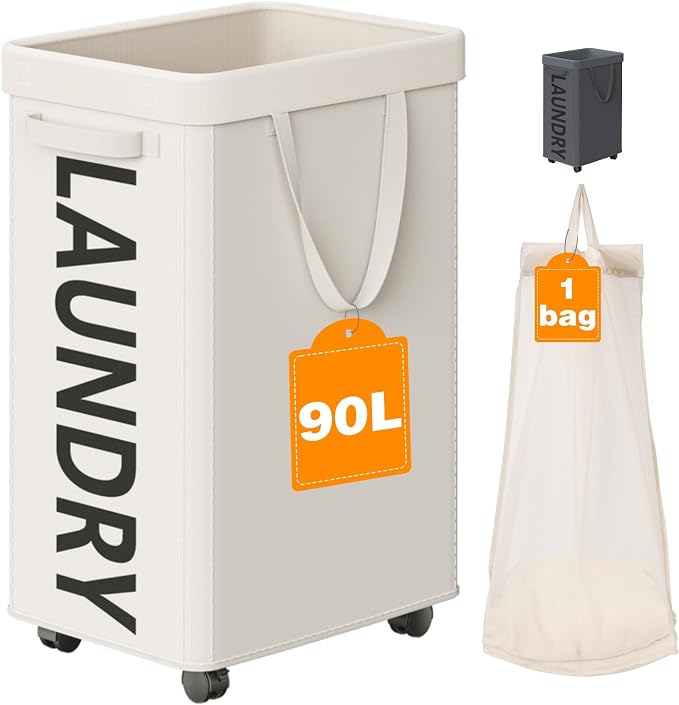Optish Laundry Basket with Wheels, 90L Rolling Laundry Hamper with Wheels, Large Clothes Hamper on Wheel with Removable Mesh Bag for Bedroom, Bathroom, Dorm, White by Optish