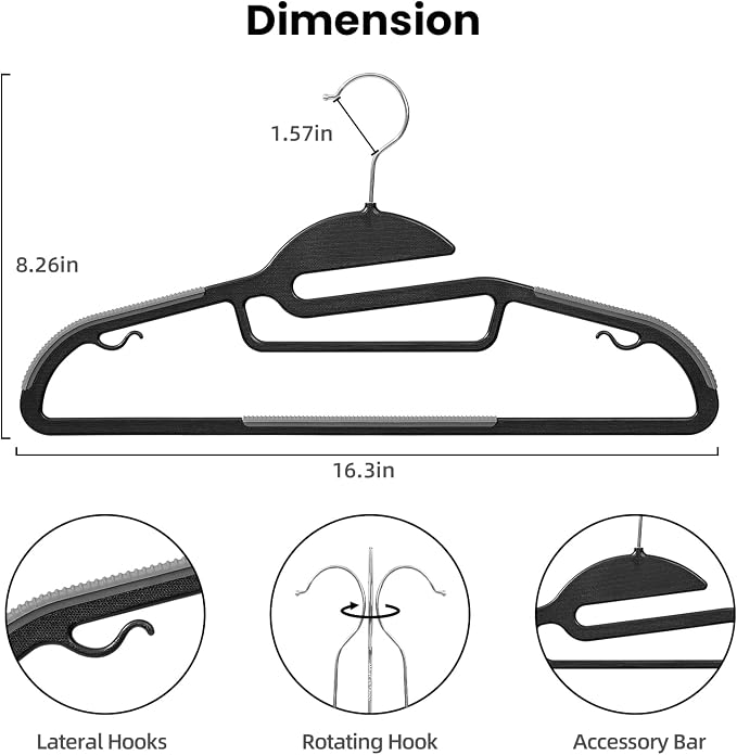 Heavy Duty Plastic Hangers 50 Pack with Non-Slip Design,0.2 Inches Thick,360°Swivel Hook Space Saving Organizer for Bedroom Closet,Shirts,Pants,Strong Enough for Coat(Black- S Shaped) - Image 2