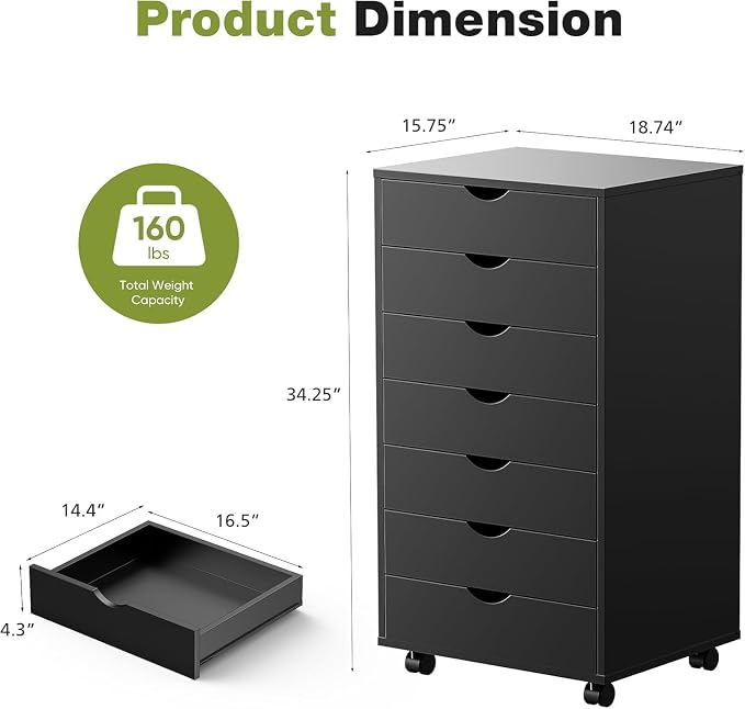 7 Drawer Mobile File Cabinet Under Desk Storage Organization with Wheels Vertical Filing Chest Rolling Wood Small Desk Printer Stand for Home, Black - Image 3