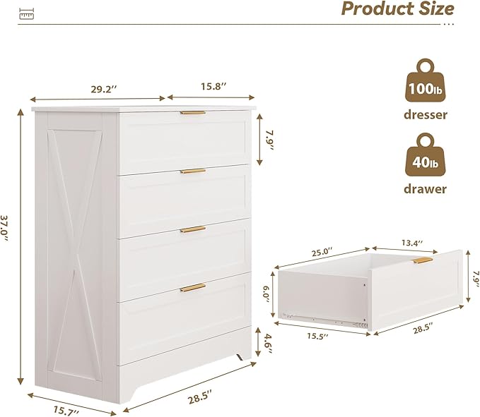 White 4 Drawer Dresser for Bedroom, Tall Bedroom Dresser with Large Drawer & Golden Handles, Wooden Storage Organizer Cabinet Chest of Drawer for Closet, Living Room, Hallway, Children's Room