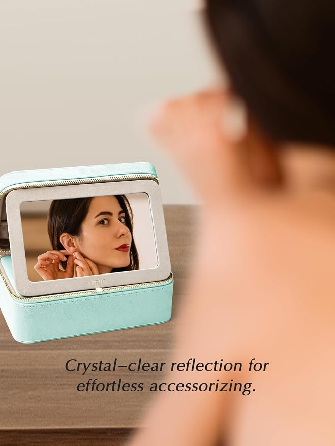 Velvet Travel Jewelry Box with Large Mirror, Double-Layer Jewelry Organizer Case for Women and Girls, Portable Storage Case with 6 Anti-Tarnish Bags Gift Ready for Her (Mint Green) - Image 7