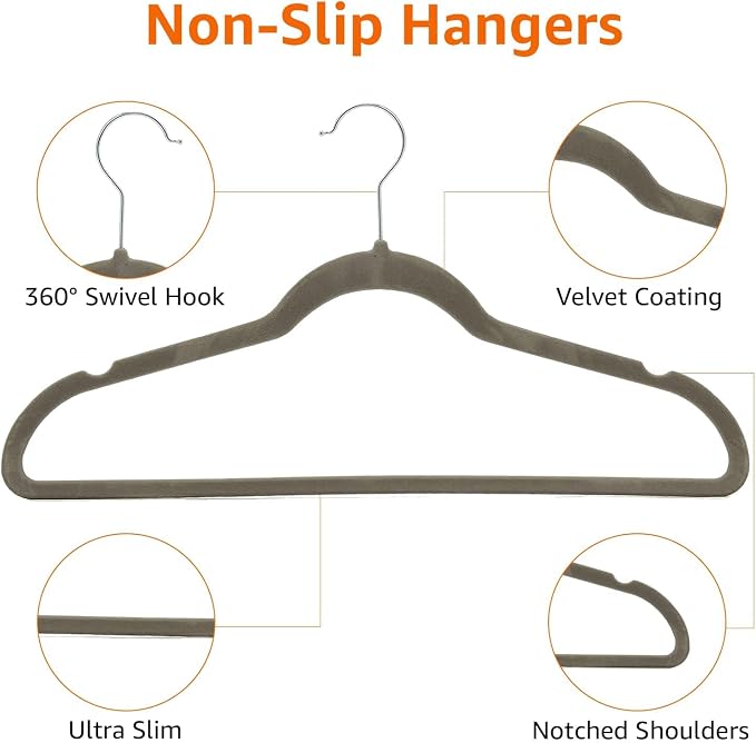 Amazon Basics Slim Velvet Non-Slip Space Saving Suit Clothes Hangers, Closet Organizer, Gray/Silver, 50-Pack - Image 8