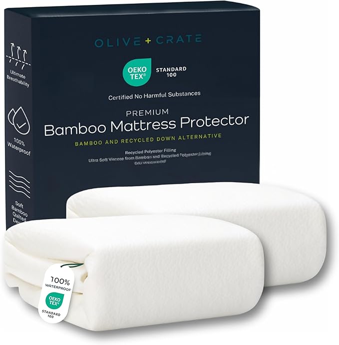 Olive + Crate 100% Viscose Bamboo Mattress Protector - Eco-Conscious Cooling Mattress Cover - Waterproof Hypoallergenic Protection, Shield Against Dust & Spills - 2Pk Twin XL for Adjustable beds