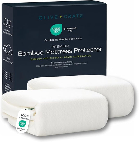 Olive + Crate 100% Viscose Bamboo Mattress Protector - Eco-Conscious Cooling Mattress Cover - Waterproof Hypoallergenic Protection, Shield Against Dust & Spills - 2Pk Twin XL for Adjustable beds