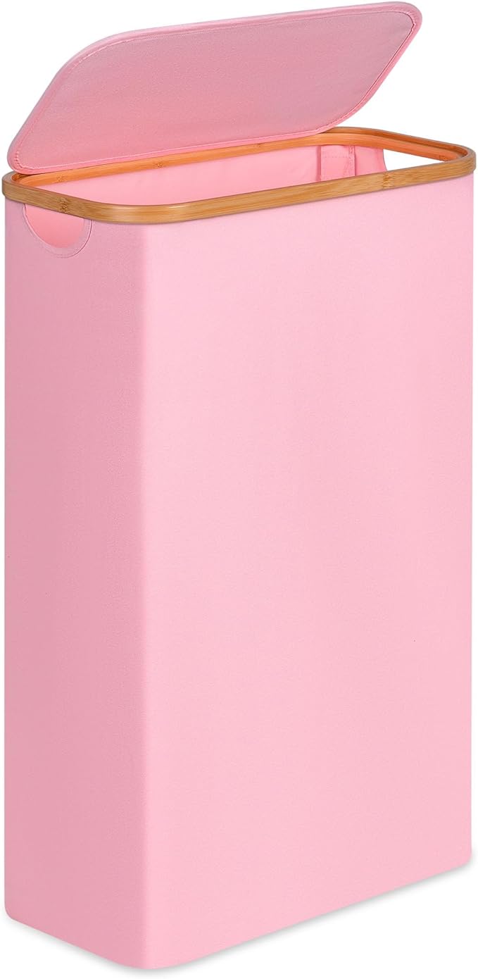 Slim Laundry Basket,60L Laundry Hamper with Lid, Tall Hamper for Laundry,Dirty Cloth Hamper with Bamboo Handle for Toys,Towels, Clothes Organizing,Pink by Merkisa