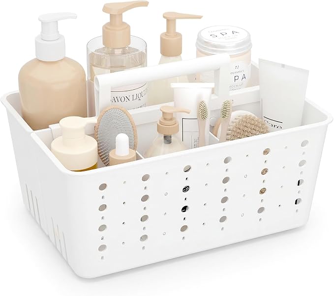 Lifewit Shower Caddy Portable, Cleaning Supplies Caddy Organizer with Handle and Adjustable Dividers, Plastic Shower Basket for Dorm Room Essentials, College, Bathroom, White, 1 Pack by Lifewit